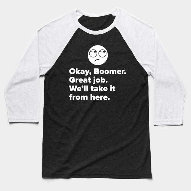 OK Boomer graphic Baseball T-Shirt by Vector Deluxe
